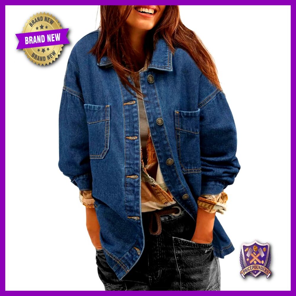 Oversized Denim Shacket Boyfriend Fit Button Down Long Sleeve Pockets